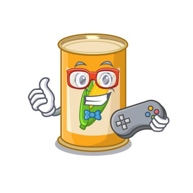 Kontrolörle oynayan mısır teneke oyuncusunun maskot tasarım biçimi