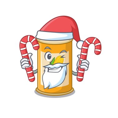 Noel karikatür karakteri ve Noel şekeri giymiş arkadaş canlısı mısır tenekesi.