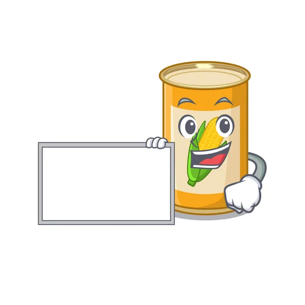 Cartoon character design of corn tin holding a board — Stock Vector