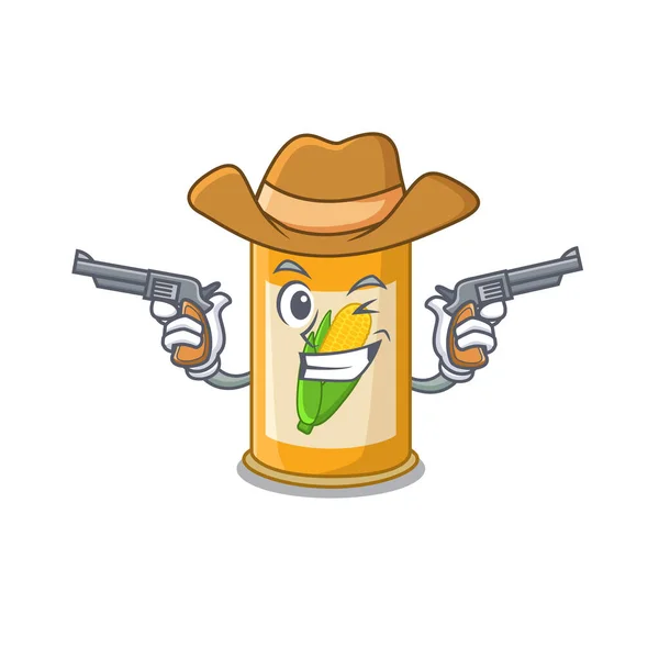 Cartoon character cowboy of corn tin with guns — Stock Vector