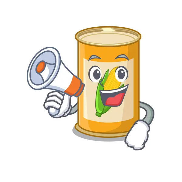 Mascot design of corn tin announcing new products on a megaphone — Stock Vector