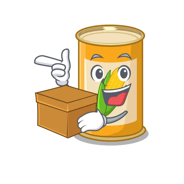 A cheerful corn tin cartoon design concept having a box — Stock Vector