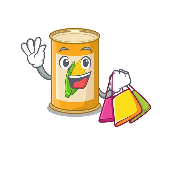 Wealthy corn tin cartoon character with shopping bags — Stock Vector