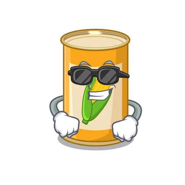 Personagem de desenho animado de lata de milho vestindo óculos pretos elegantes — Vetor de Stock