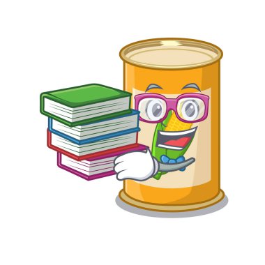 Mısır tenekesi maskotu tasarımı üzerine çalışkan bir öğrenci birçok kitap okudu.