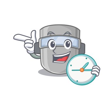 Kaynak maskesinin maskotu saat tutuyor.