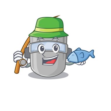 Kaynak maskesinin çizgi film tasarım stili balıkçılığa gidiyor