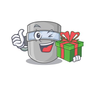 Büyük bir hediye kutusu olan neşeli kaynak maskeli çizgi film karakteri.