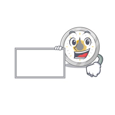 Çizgi film karakteri tarzı mutfak zamanlayıcısı beyaz tahta tutuyor. Vektör illüstrasyonu