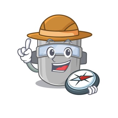 Maskot tasarım konsepti. Kaynak maskesi kaşifi ormanda bir pusula kullanıyor.