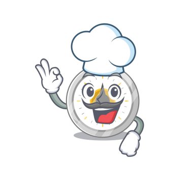 Eski mutfak zamanlayıcısı çizgi film çizim stili sembolik şef şapkası takıyor. Vektör illüstrasyonu