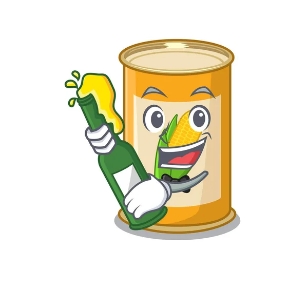 Caricature design concept of corn tin cheers with bottle of beer — Stock Vector