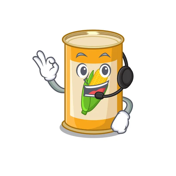 A stunning corn tin mascot character concept wearing headphone — Stock Vector