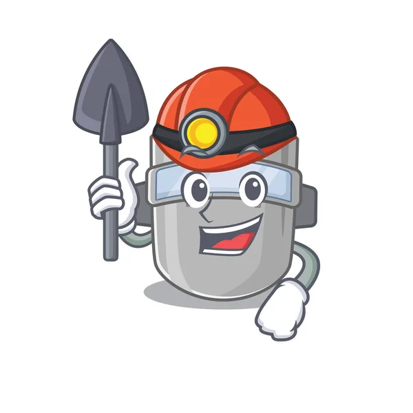 Uma imagem de desenho animado de mineiro máscara de solda com ferramenta e capacete —  Vetores de Stock