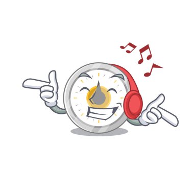 Kulaklıkla müzik dinleyen eski bir mutfak zamanlayıcısının karikatür tasarımı. Vektör illüstrasyonu