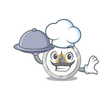 Maskot stili mutfak aşçısının tepside yemek servisi yapması. Vektör illüstrasyonu