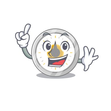 Eski mutfak zamanlayıcısı karikatür tasarımı, tek parmak pozuyla. Vektör illüstrasyonu