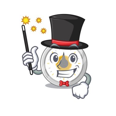 Eski mutfak zamanlayıcısı karikatür tasarım tarzında zeki bir sihirbaz. Vektör illüstrasyonu