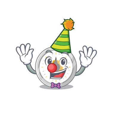 Dost canlısı palyaço mutfak zamanlayıcısı maskotu tasarımı. Vektör illüstrasyonu