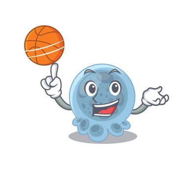Basketbolla birlikte atletik pasteurella çizgi film maskotu tasarımı. Vektör illüstrasyonu