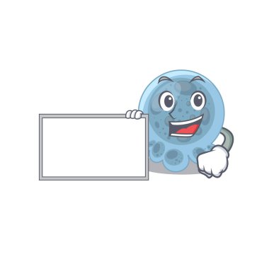 Çizgi film karakteri tarzı pastöriella beyaz tahta tutuyor. Vektör illüstrasyonu