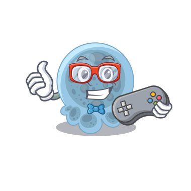 Çizgi film maskot dizaynı. Pasteurella oyuncuları denetleyici kullanıyor. Vektör illüstrasyonu