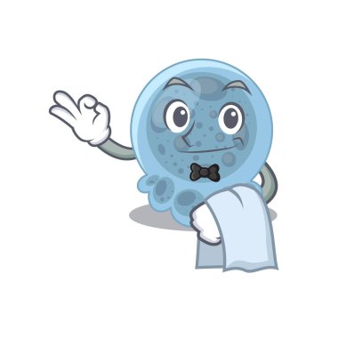 Pasteurella 'nın beyaz peçeteli bir garsonu canlandırdığı bir karikatür tasarımı. Vektör illüstrasyonu