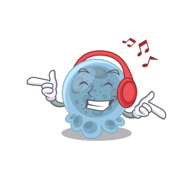 Pasteurella 'nın kulaklıkla müzik dinlediği bir karikatür tasarımı. Vektör illüstrasyonu