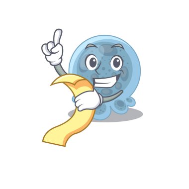 Pasteurella maskotu tarzı, elinde yiyecek ve içecek menüsü var. Vektör illüstrasyonu