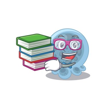 Pasteurella öğrenci maskotu tasarımı evde çalışırken birçok kitap okudu. Vektör illüstrasyonu