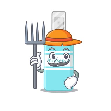 Çiftçi antiseptik maskot tasarımı şapkayla çalışıyor. Vektör illüstrasyonu