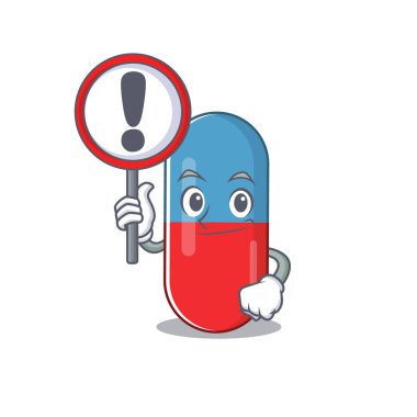 A cartoon icon of pills drug with a exclamation sign board clipart