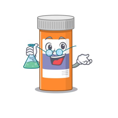 Süper zeki hap profesörü ilaç şişesi karikatür karakteri bir laboratuvar üzerinde çalışıyor.