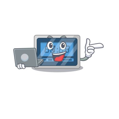 Evde dizüstü bilgisayarla çalışan akıllı bir dijital zamanlayıcı çizgi film karakteri. Vektör illüstrasyonu