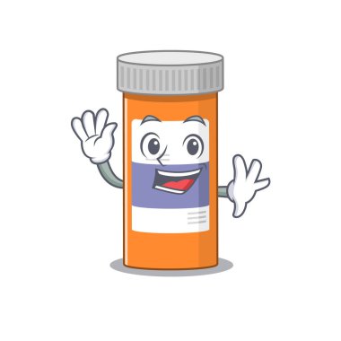 Karizmatik haplar ilaç şişesi maskotu tasarımı gülümseme ve el sallama