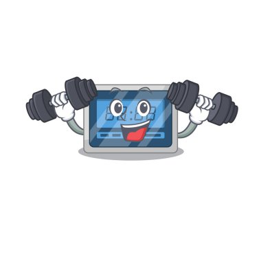 Dijital zamanlayıcı maskotu tasarımı egzersiz sırasında halterleri kaldırmaktan mutluluk duyar. Vektör illüstrasyonu