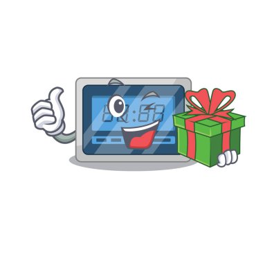 Büyük bir hediye kutusu olan neşeli dijital zamanlayıcı çizgi film karakteri. Vektör illüstrasyonu