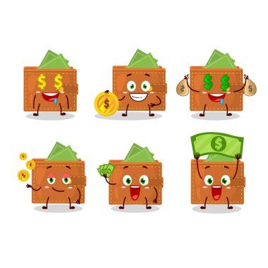 Cüzdan karikatürü karakteri ve şirin bir ifade. Para getir. Vektör illüstrasyonu