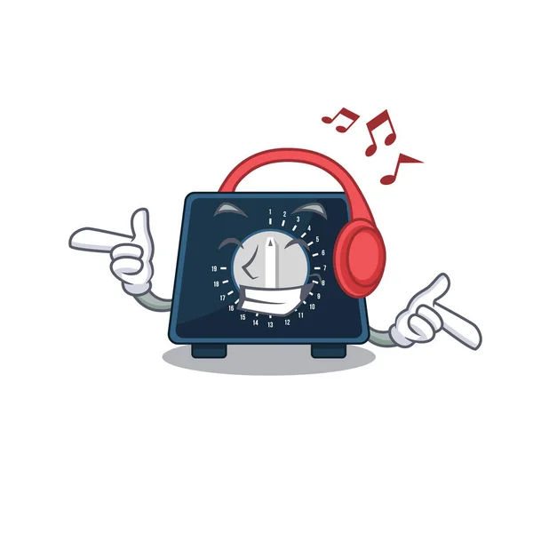 Temporizador de cocina Concepto de diseño de dibujos animados escuchando música en los auriculares — Vector de stock