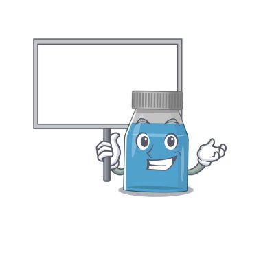 Şurup ilacının tatlı maskot tasarımı bir tahta getiriyor. Vektör illüstrasyonu