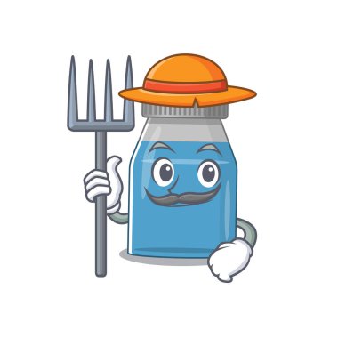 Çiftçi şurubu tıp maskotu tasarımı şapkayla çalışıyor. Vektör illüstrasyonu