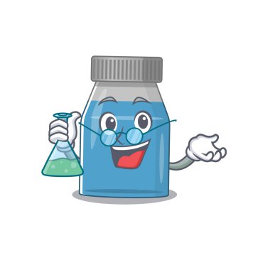 Süper Dahi Tıp Profesörü. Laboratuvar üzerinde çalışan karikatür karakteri. Vektör illüstrasyonu