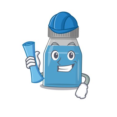 Karikatür tasarım konsepti, yeni şehir manzarası mavi resimli şurup tıp mimarı. Vektör illüstrasyonu