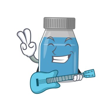 Gitar çalan şurup tıbbı müzisyeni çizgi film tasarımı. Vektör illüstrasyonu