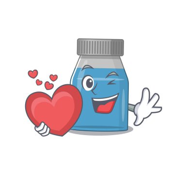 Sevimli bir şurup şurubu karikatür tasarımı. Kocaman bir kalp taşıyor. Vektör illüstrasyonu