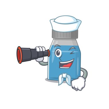 Şerbet ilacı denizcisinin dürbünlü bir karikatür tasarımı. Vektör illüstrasyonu