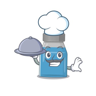 Maskot karakter stili şurup şefi tepside yemek servisi yapıyor. Vektör illüstrasyonu