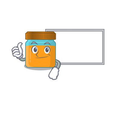 Parmakları havada bal kavanozu çizgi film tasarımı beyaz bir tahta getirin