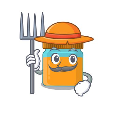 Bal kavanozu maskotu tasarımı şapka takan bir çiftçi olarak çalışıyor.