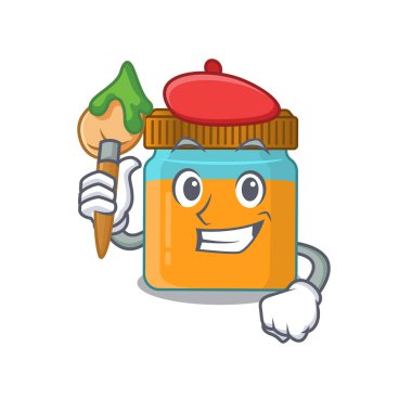 Artistik bir bal kavanozu ressamı fırça kullanarak maskot tasarımı